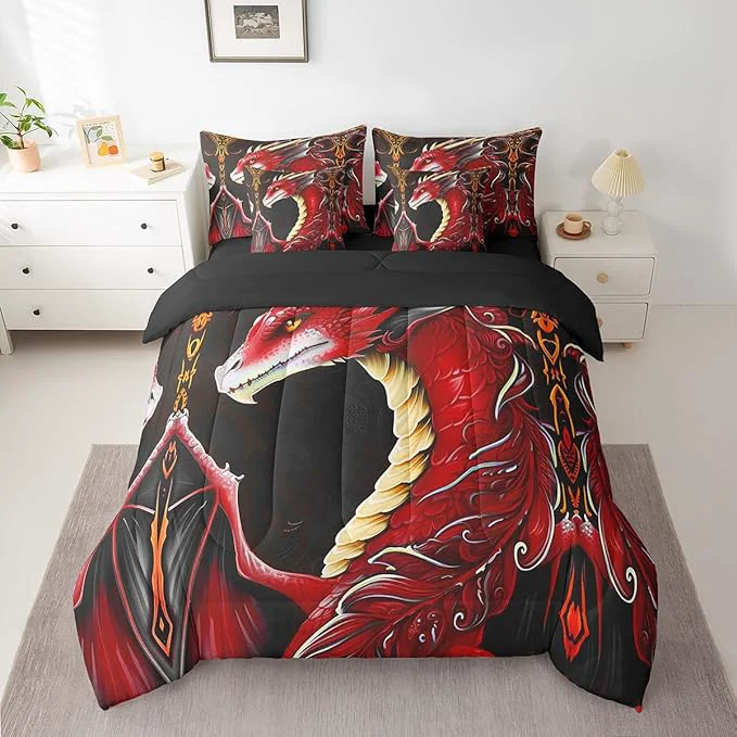 High-Grade Erosebridal 3D Dragon Bed in a Bag King Size Comforter Set 7 Pieces Vintage Gothic Red Dragon Bedding Sets Antique Wildlife Mythical Animal Sheet Set with Comforter Lightweight