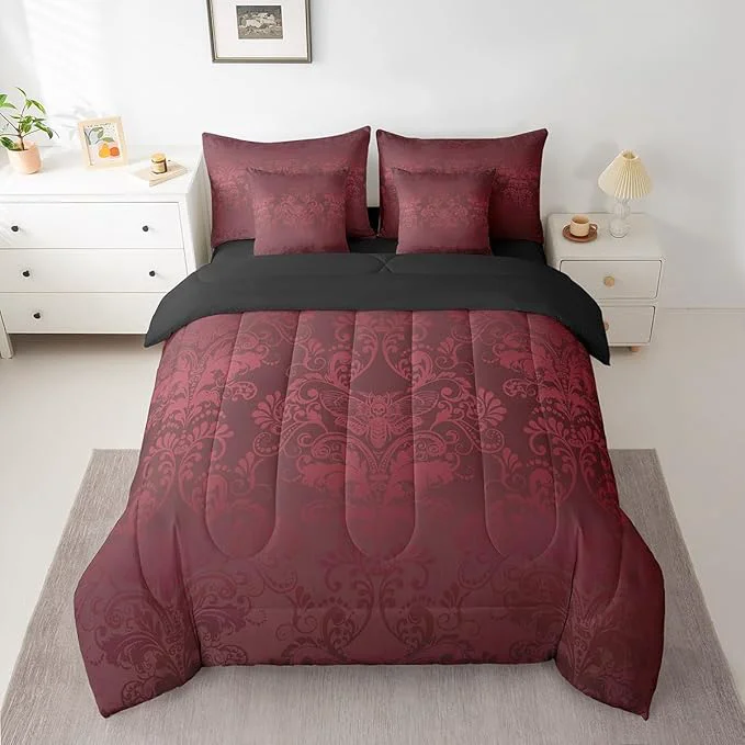 Trendy Erosebridal Gothic Damask Bed in a Bag King Size Comforter Set 7 Pieces Exotic Moth Bedding Sets Red Victorian Floral Goth Sheet Set with Comforter Innovative