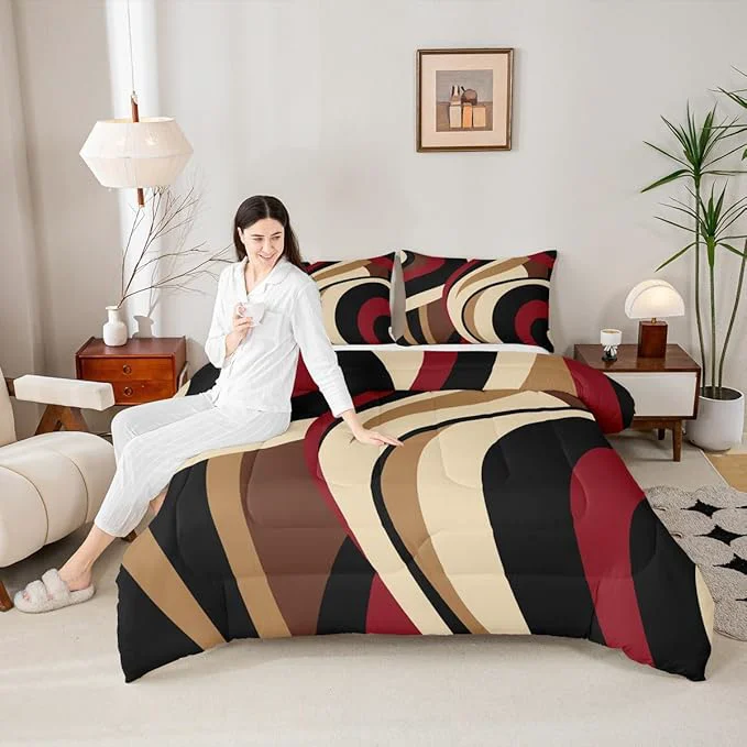 Professional Black Red Brown Comforter Set Queen Size Vintage Abstract Stripes Bedding Set for Kids Girls Women Adult Bedroom Decor Geometric Circle Waves Quilt Set Soft Polyester Duvet Insert 3pcs Smart