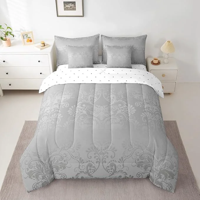 Artisan Erosebridal Gothic Damask Bed in a Bag King Size Comforter Set 7 Pieces Exotic Moth Bedding Sets Grey Victorian Floral Goth Sheet Set with Comforter Fast