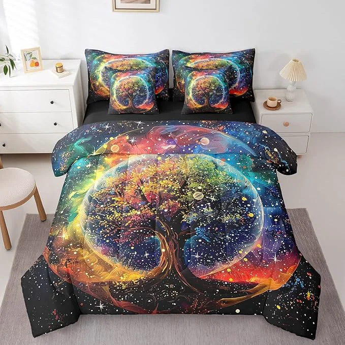 Safe Colorful Life Tree Bedding Set Outer Space Galaxy Starry Queen Comforter Set with Sheets for Boys Girls Teens Room Decor Exotic Bohemia Tree of Life Bed in a Bag 7 Piece for Bedroom Living Room Environmentally Friendly