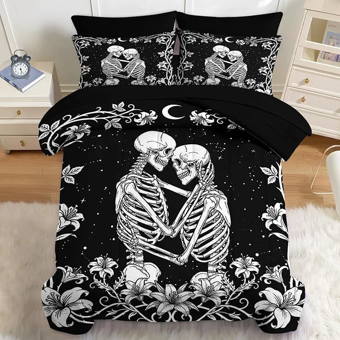 Dependable Nesker Comforter Set Twin Size Gothic Kissing Skeleton Lover 5 Pcs Bedding for Kids and Adults Rose Black Lovers Black Bed Sheet Sets with Fitted Sheet Pillowcase amp Sham Traditional
