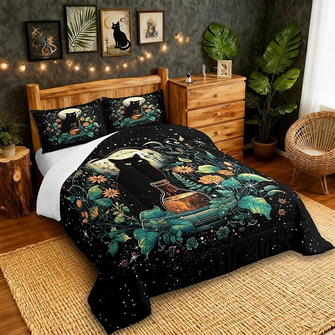 Long-Lasting Cute Cat Comforter Set Full Size Flower Leaves Kids Bedding Set Moon Night Starry Sky Quilt Set for Girls Boys Teens Room Decor Trippy Pet Animals Plant Duvet Insert 2 Pillowcases Black Minimalist