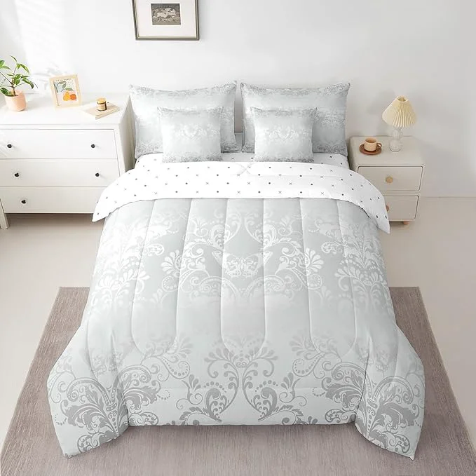 Clean Erosebridal Gothic Damask Bed in a Bag King Size Comforter Set 7 Pieces Butterfly Skull Bedding Sets Silver White Victorian Floral Goth Sheet Set with Comforter Relaxed