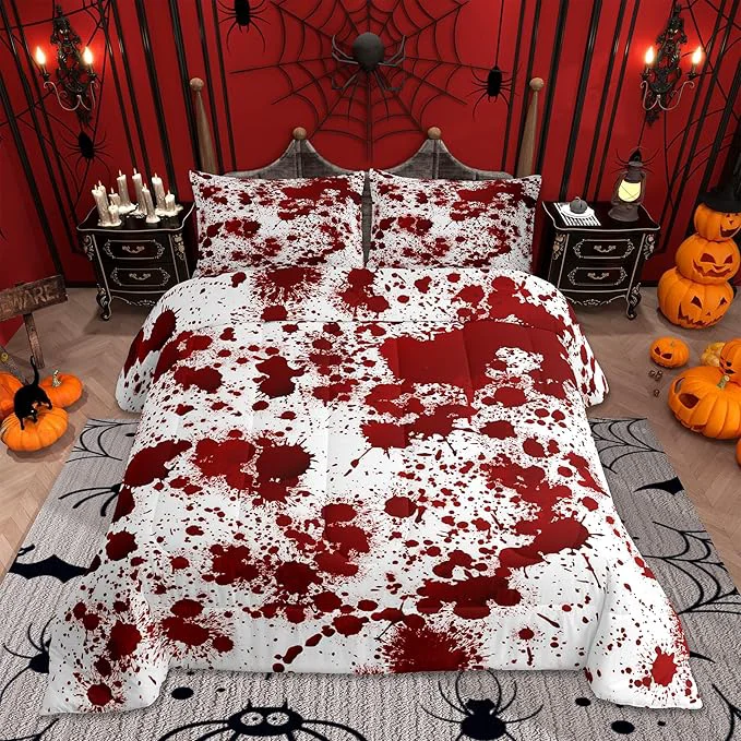 Smooth Red Tie Dye Comforter Set Queen Size Halloween Decor Bedding Set 3pcs for Kids Teens Adults Bedroom Gothic Horror Style Quilt Set Cartoon Hand Painted Graffiti Duvet Insert with 2 Pillowcases Fine Crafted