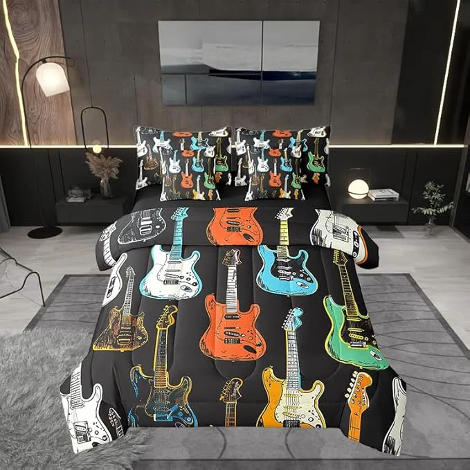Carefully Designed Castle Fairy Sketch Guitar Bass Comforter Set Musical Instrument 7 Piece Bed Set Twin Size for Kids Modern Music Lover Bed in a Bag Bedding Set with Comforter Sheet Set Pillowcases Pillow Covers Elegant