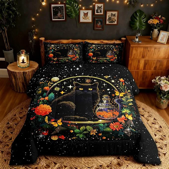 Environmentally Friendly Kids Cartoon Cat Bedding Set Queen Size Colorful Flower Butterfly Leaves Botanical Comforter Set Bright Starry Sky Girls Boys Quilt Set Black Pet Animals Duvet Insert Boho Style 2 Pillowcases Smart