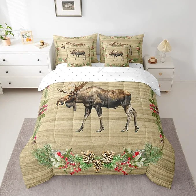 Authentic Moose Bed in a Bag King Size Comforter Set 7 Pieces Woodland Animals Bedding Sets Reindeer Elk Deer Sheet Set with Comforter Certified