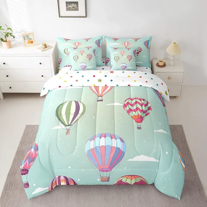 Fashionable Watercolor Hot Air Balloon Bed in a Bag Comforter Set Hand Drawn Clouds King Size 7 Pieces for Kids Teens White Polka Dot Bedding Set with Comforter Sheet Set Pillowcases Pillow Covers Traditional