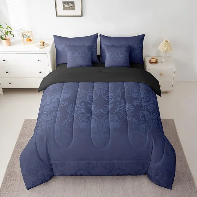 Lightweight Erosebridal Gothic Damask Bed in a Bag King Size Comforter Set 7 Pieces Butterfly Skull Bedding Sets Azure Blue Victorian Floral Goth Sheet Set with Comforter Healthy