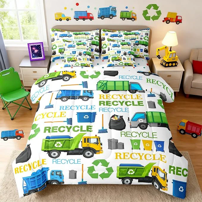Organic Castle Fairy Garbage Truck King Size Bedding Sets with Sheets Comforter Pillowcases Pillow Covers Cartoon Car Vehicle Trash Can Comforter Set Recycling Trucks Decor Bedroom Dorm Bed Set 7 Pcs Durable