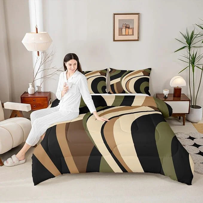Quality Castle Fairy Stripes Comforter Set Twin Size Brown Black Green Swirls Bedding Set 2pcs for Kids Boys Men Room Decor Vintage Abstract Styles Quilt Set Microfiber Duvet Insert with 1 Pillowcase Versatile