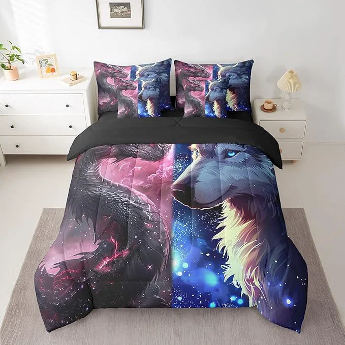 Premium Castle Fairy Western Dragon and Wolf Comforter Set 7 Pieces Queen Size al Animal Bedding Set for Kids Glittering Starry Sky Comforter Fitted Flat Sheet 2 Pillowcases 2 Throw Pillow Covers Minimalist