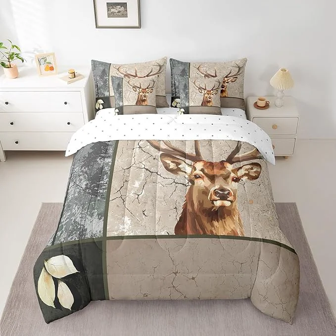 Advanced Erosebridal Elk Deer Bed in a Bag King Size Comforter Set 7 Pieces Woodland Animals Bedding Sets Wild Animals Sheet Set with Comforter Modern