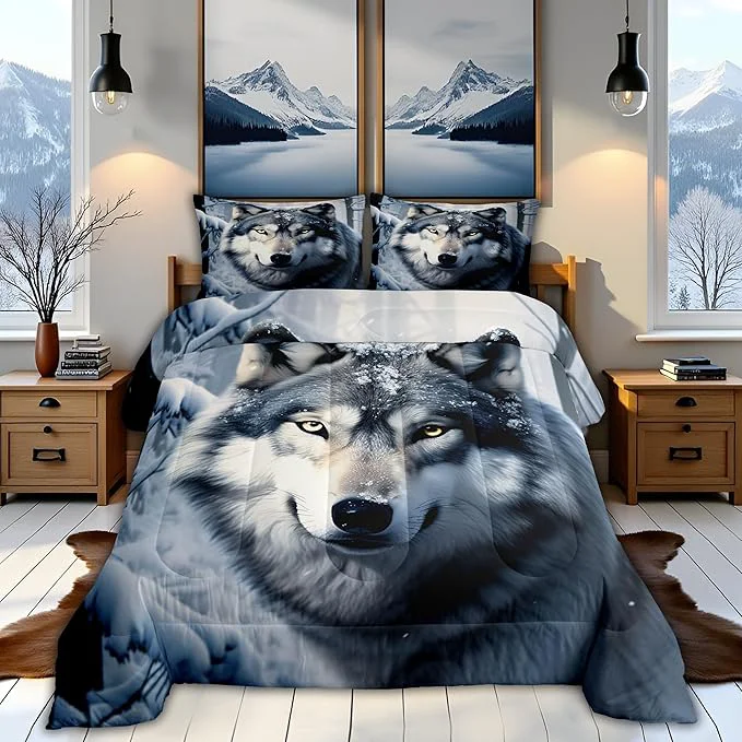 Reliable Castle Fairy Wolf Comforter Set King Size Nature Wild Animals Quilt Set 3pcs 3D Print Winter Snow View Bedding Set for Kids Teens Adults Home Decor White Black Microfiber with 2 Pillowcases Environmentally Friendly