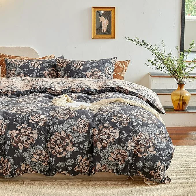 Safe BISELINA Cotton Muslin Duvet Cover Set Queen 3 Pcs Yarn-Dyed Jacquard Textured Garden Flower Soft and Breathable Bedding Set with Zipper Closure Dark Blue Khaki High-End