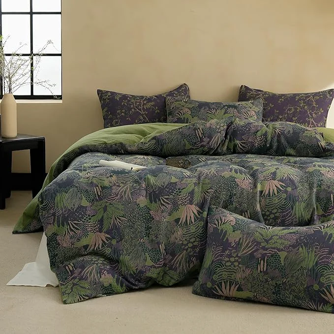 Smart BISELINA Cotton Muslin Duvet Cover Set Queen 3 Pcs Yarn-Dyed Jacquard Textured Reversible Botanical Floral Soft and Breathable Bedding Set with Zipper Closure Purple Green High-Quality