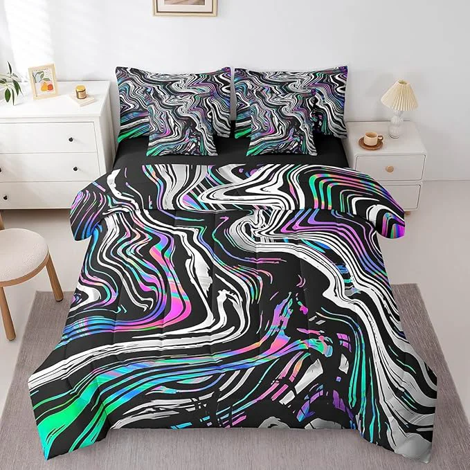 Effective Castle Fairy 7 Pcs Neon Stripes Bedding Sets with Comforter Flat amp Fitted Sheet Pillowcases Pillow Covers Hippie Street Art Decorative Comforter Set for Kids Teens Adults Bedroom Dorm Bed Set King User-Friendly