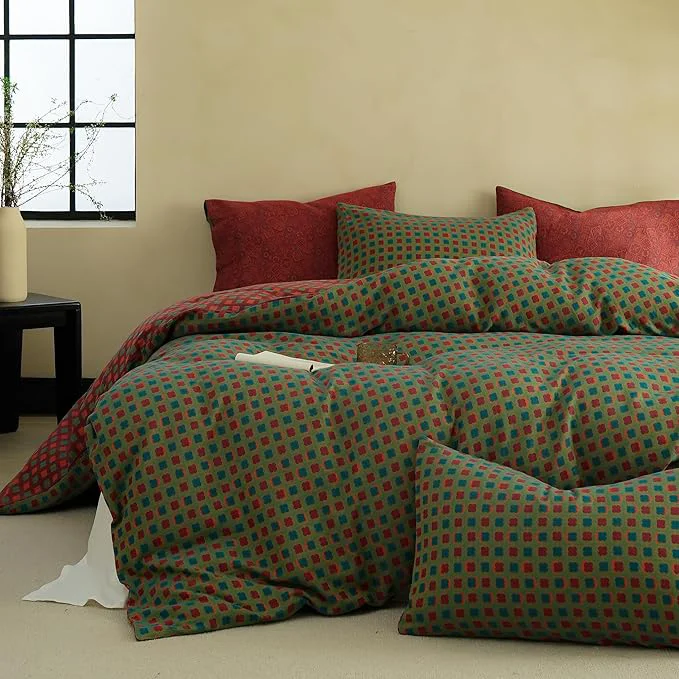 Enhanced BISELINA Cotton Muslin Duvet Cover Set King 3 Pcs Yarn-Dyed Jacquard Textured Vintage Geometric Checkered Pattern Soft and Breathable Bedding Set with Zipper Closure Green Red Dependable