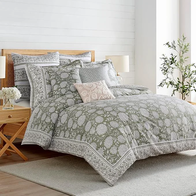 Solid Levtex Home Adare Sage Reversible Twin Twin XL Comforter Set 68x88in with 1 Pillow Sham 26x20in – Floral Bedding – Sage and White – Cotton Twin Size Comforter Set – Soft Pre-Washed Crafted