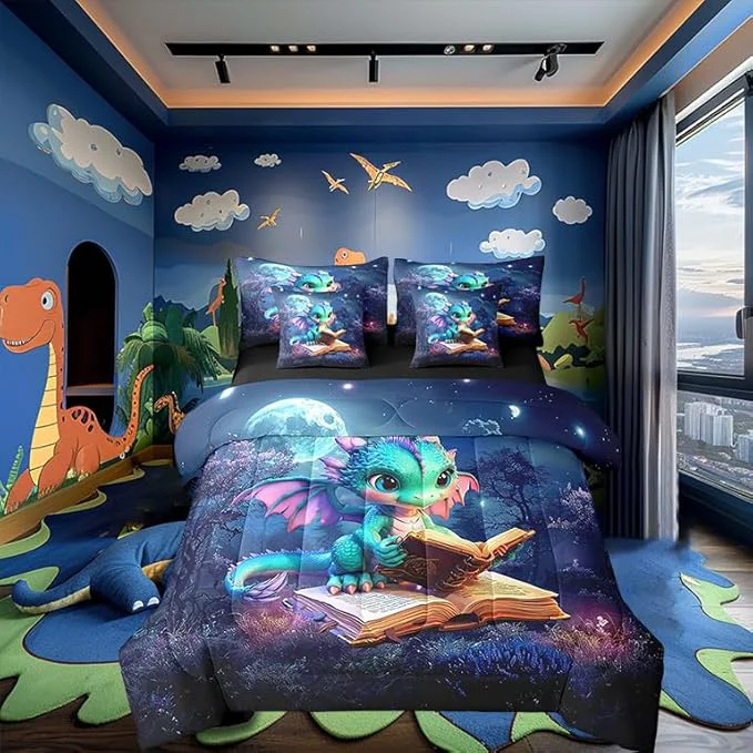 Environmentally Friendly Cartoon Dragon Bedding Set Mysterious Jungle Moon Night King Comforter Set with Sheets for Kids Boys Girls Teens Room Decor Western Animal Bed in a Bag 7 Piece for Bedroom Living Room Flexible