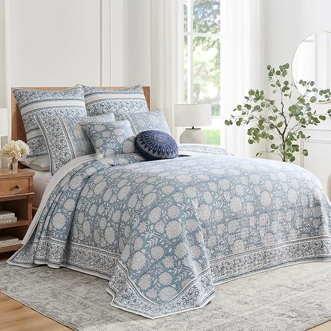 Powerful Levtex Home – Adare Blue Bedspread Set – Queen Bedspread 110x106in. and 2 Standard Shams 20x26in. – Floral Botanical Design – Blue and White – Reversible – Cotton Solid