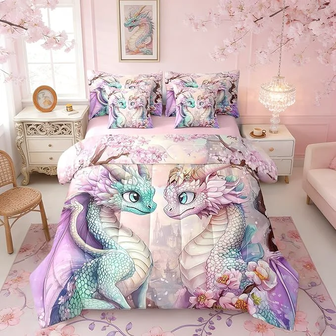 Outstanding Western Dragon Couple Bedding Set Japanese Cherry Blossom King Comforter Set with Sheets for Kids Teens Room Decor Pastel Girly Pink Castle Bed in a Bag 7 Piece for Bedroom Living Room Relaxed