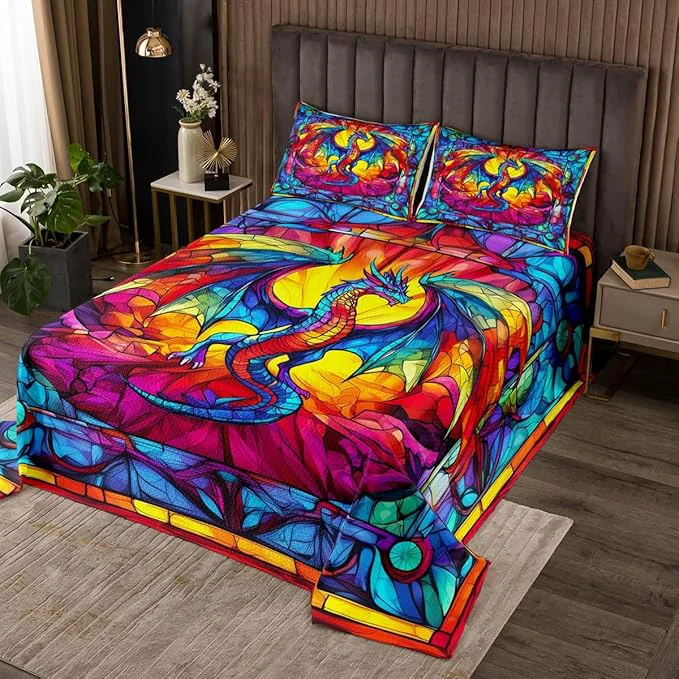 Stylish Flying Dragon Kids Bedspread Queen Size Western Wing Dragon Gothic Halloween Coverlet Set Boys Girls Room Decor Geometric Abstract Modern Quilted Coverlet Rainbow Retro Bedding Quilt 2 Pillowcases Fine