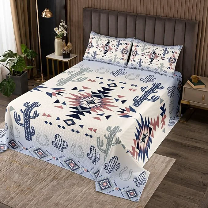 Prestigious Manfei Geometric Aztec Bedspread Queen Size Horseshoe Cactus Western Cowboy Cowgirl Coverlet Set Boys Girls Room Decor Arrow Native Tribal Quilted Coverlet Bohemia Retro Bedding Quilt 2 Pillowcases Premium Material