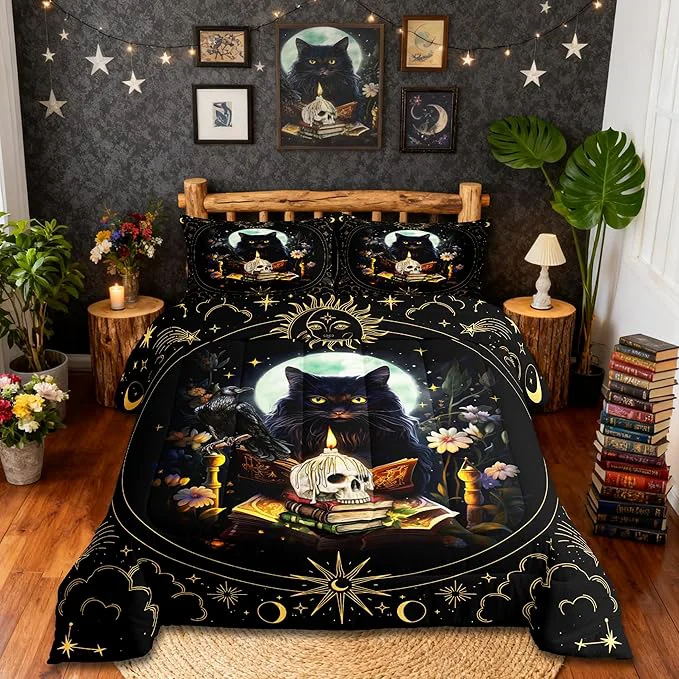Premium Trippy Cat Comforter Set Queen Size Sun and Moon Kids Bedding Set Gothic Sugar Skull Crow Print Quilt Set for Girls Boys Adult Room Decor Exotic Daisy Floral Duvet Insert 2 Pillowcases Black Lightweight