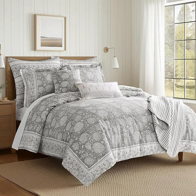 Original Design Levtex Home Adare Grey Reversible Queen Duvet Cover Set 90x94in with 2 Pillowcases 26x20in – Floral Bedding – Grey and White – Cotton Queen Size Duvet Cover Set – Soft Pre-Washed Advanced