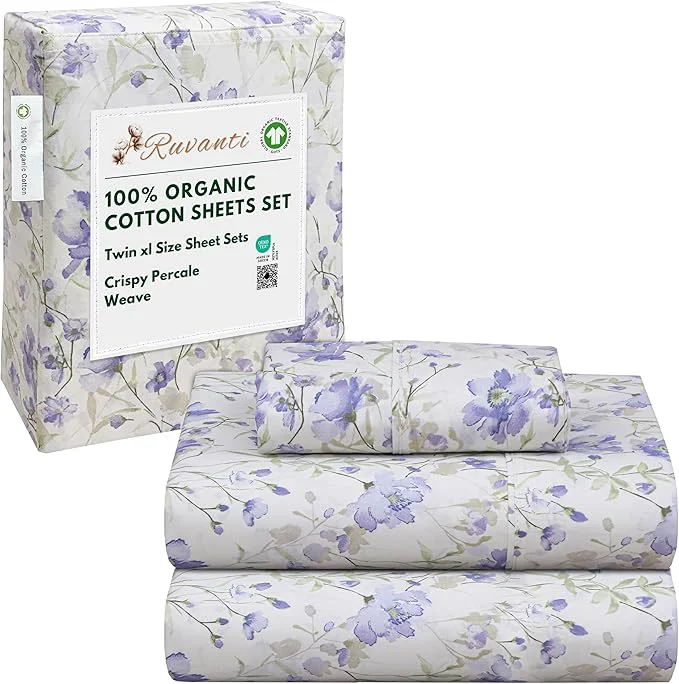 Fine RUVANTI Organic Cotton Sheets Twin XL Percale Weave GOTS 3-Piece Set Deep Pocket 15 quot Crisp amp Breathable Soft Durable Bedding Sábanas Algodón Orgánico – Heather Enhanced