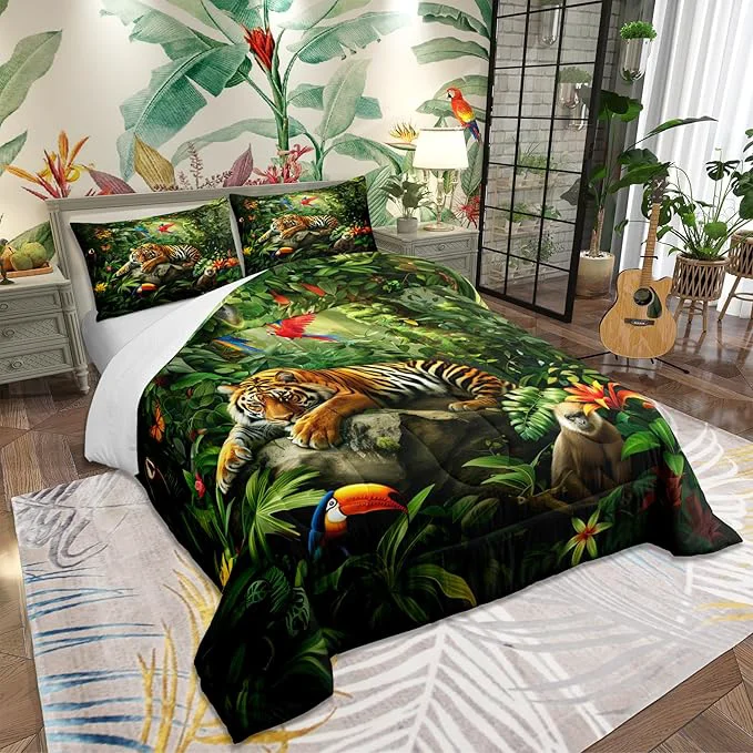 Innovative 3D Tiger Comforter Set Full Size Monkey Parrot Wild Animals Bedding Set Tropical Palm Tree Jungle Quilt Set for Kids Boys Girls Adult Bedroom Decor Nature Wildlife Theme Duvet Insert 2 Pillowcases World-Class