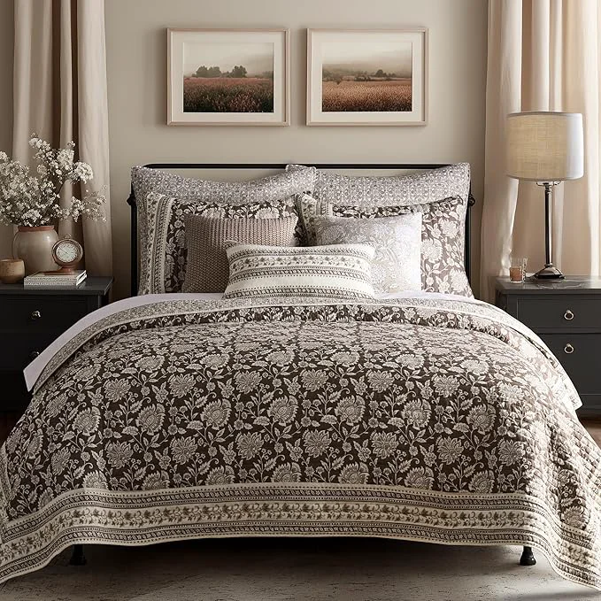 Fast Levtex Home Adare Cocoa Reversible Full Queen Quilt Set 88x92in and 2 Pillow Shams 26x20in – Floral Bedding – Brown Cream – Cotton Full Queen Size Quilt Bedding Set – Lightweight Soft Pre-Washed Genuine