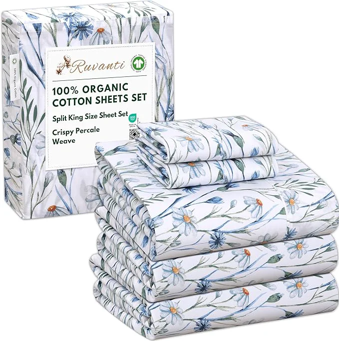 First-Class RUVANTI Organic Cotton Sheets Split King Percale Weave GOTS 5-Piece Set Deep Pocket 15 quot Crisp amp Breathable Soft Durable Bedding Sábanas Algodón Orgánico – Daisy Bud Superior