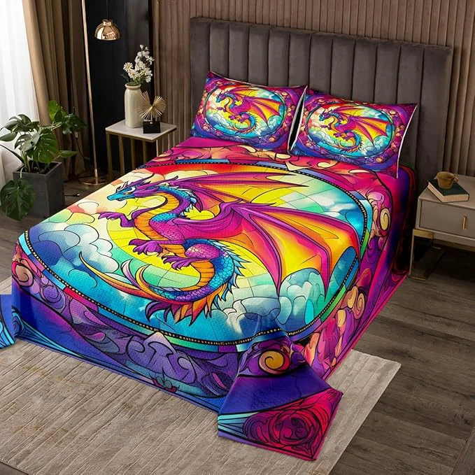 Dependable Flying Dragon Kids Bedspread Twin Size Western Wing Dragon Cloud Gothic Coverlet Set Boys Girls Room Decor Geometric Abstract Modern Quilted Coverlet Colorful Vintage Bedding Quilt 1 Pillowcase Convenient