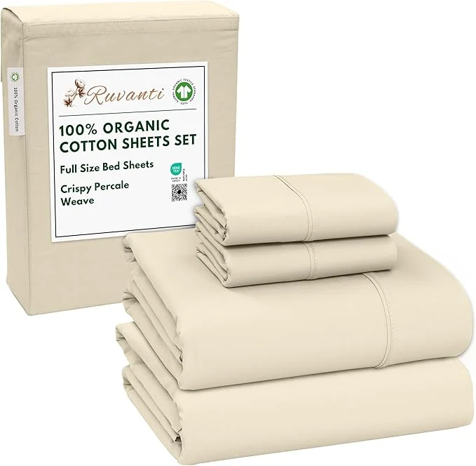 Prestigious RUVANTI Organic Cotton Sheets Full Size Percale Weave GOTS 4-Piece Set Deep Pocket 15 quot Crisp amp Breathable Soft Durable Bedding Sábanas Algodón Orgánico – Cloud Cream Functional