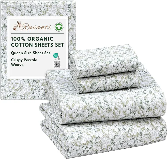 Lightweight RUVANTI Organic Cotton Sheets Queen Size Percale Weave GOTS 4-Piece Set Deep Pocket 15 quot Crisp amp Breathable Soft Durable Bedding Sábanas Algodón Orgánico – Floral Rush