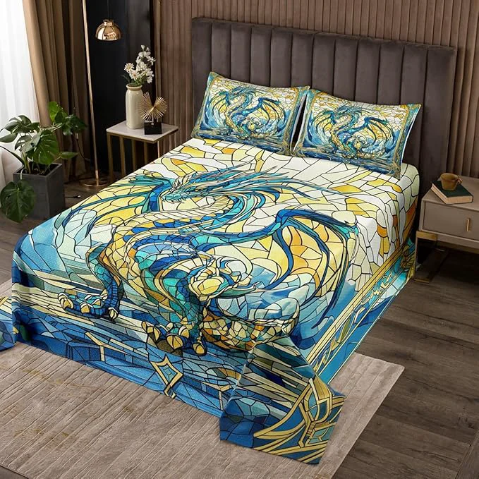 Eco-Friendly Western Dragon Kids Bedspread Queen Size Glass Dragon Flying Wing Trippy Coverlet Set Boys Girls Room Decor Geometric Patchwork Abstract Quilted Coverlet Blue Unique Bedding Quilt 2 Pillowcases Advanced