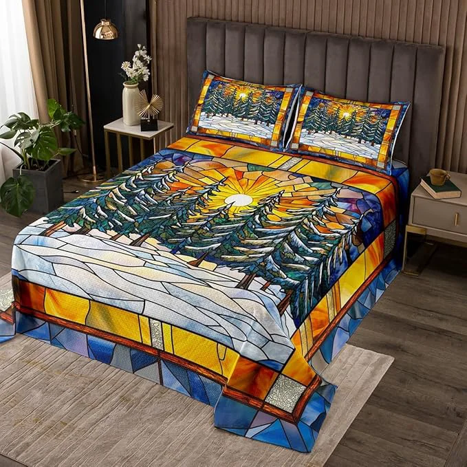 Responsible Pine Tree Kid Bedspread Twin Size Merry Christmas Tree Sunrise Rustic Farmhouse Coverlet Set Boys Girls Room Decor Geometric Plaid Patchwork Quilted Coverlet Blue Xmas Bedding Quilt 1 Pillowcase Original