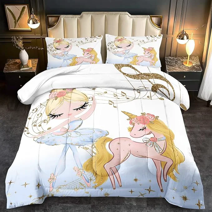 Top-Quality Golden Unicorn Girls Comforter Set Queen Kawaii Unicorn Bedding Set Queen Cute Horse Comforter Girls Bedroom Decor White Animal Print Bedding Bed Decor Animal Print Quilt Outstanding