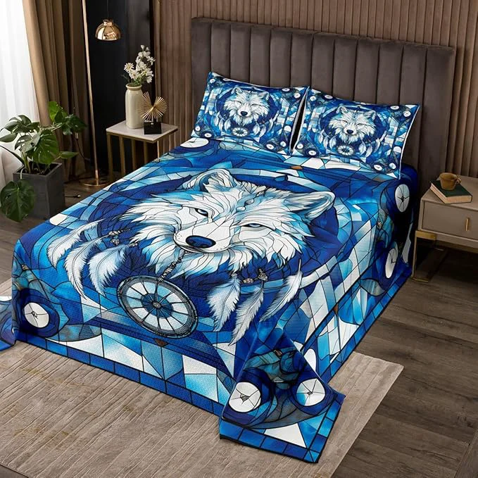 Genuine Wolf Kids Bedspread Twin Size Dreamcatcher Feather Wild Animal Rustic Hunting Coverlet Set Boys Girls Room Decor Indian Geometric Grids Patchwork Quilted Coverlet Boho Bedding Quilt 1 Pillowcase Practical