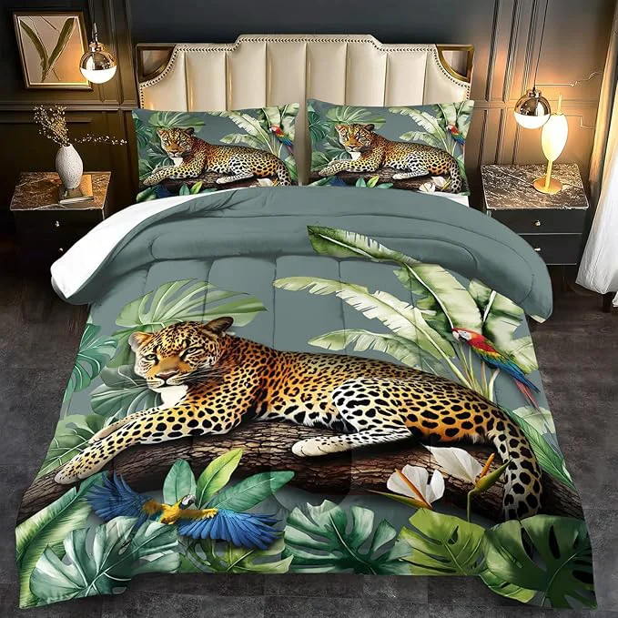 Pure Animal Leopard Print Comforter Set King Animal Cheetah Print Comforter Set Boys Girls Floral Leopard Bedding Bedroom Decor Floral Cheetah Bedding King Jungle Plant Room Decor Relaxed