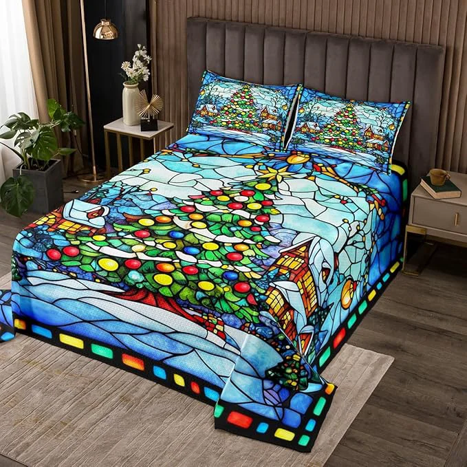 Smooth Christmas Trees Bedspread King Size Merry Christmas Happy New Year Snowflake Coverlet Set Boys Girls Room Decor Rustic Farmhouse Cabin Pine Quilted Coverlet Blue Xmas Bedding Quilt 2 Pillowcases Versatile