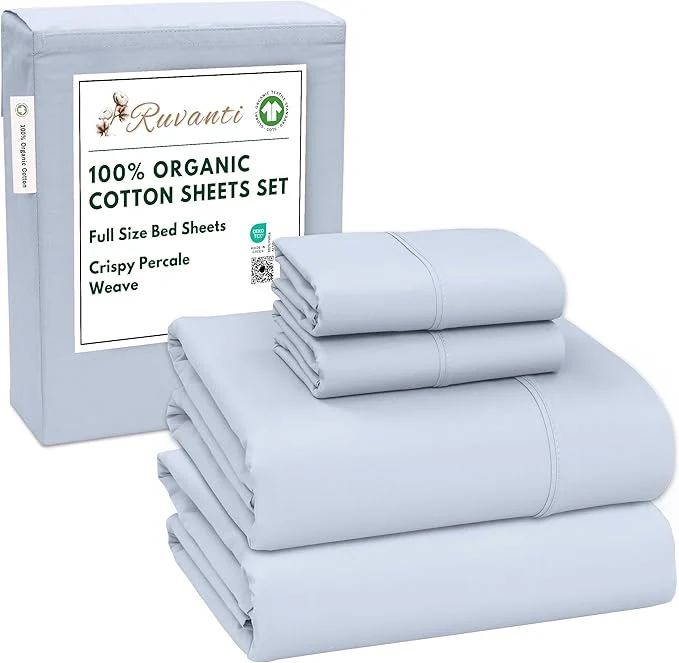 Quality RUVANTI Organic Cotton Sheets Full Size Percale Weave GOTS 4-Piece Set Deep Pocket 15 quot Crisp amp Breathable Soft Durable Bedding Sábanas Algodón Orgánico – Arctic Ice Carefully Designed