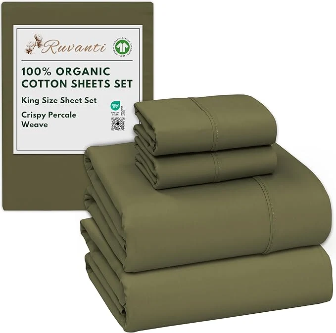Healthy RUVANTI Organic Cotton Sheets King Size Percale Weave GOTS 4-Piece Set Deep Pocket 15 quot Crisp amp Breathable Soft Durable Bedding Sábanas Algodón Orgánico – Olive Responsible