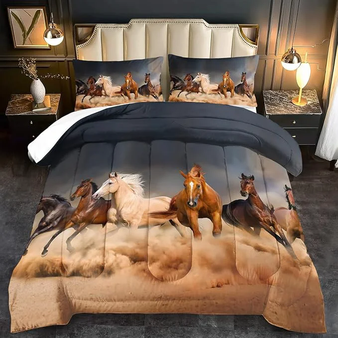 Breathable Western Horse Comforter Set Queen for Boys Brown Western Cowboy Bedding Sets Queen Size Farm Style Animal Horse Quilt for Boys Southwestern Farmhouse Home Cowgirl Comforter Bedroom Decor Unique