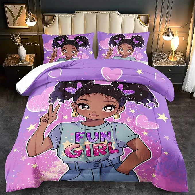 Versatile African American Black Girl Comforter Set Queen Size Cute Black Girl Bedding Set Queen for Kids Kawaii Heart Comforter Purple Bedding Decor for Teen Purple Bed Quilt High-End
