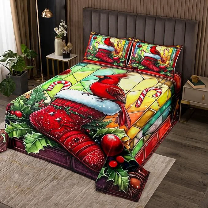 High-Performance Merry Christmas Kids Bedspread Queen Size Redbird Candy Christmas Stocking Happy New Year Coverlet Set Boys Girls Room Decor Leaves Geometric Quilted Coverlet Red Xmas Bedding Quilt 2 Pillowcases Smart