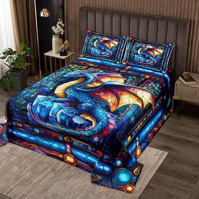 Dependable Western Dragon Men Bedspread Queen Size Blue Flying Glass Dragon Wing Trippy Coverlet Set Boys Girls Room Decor Geometric Patchwork Abstract Quilted Coverlet Gothic Chic Bedding Quilt 2 Pillowcases Practical